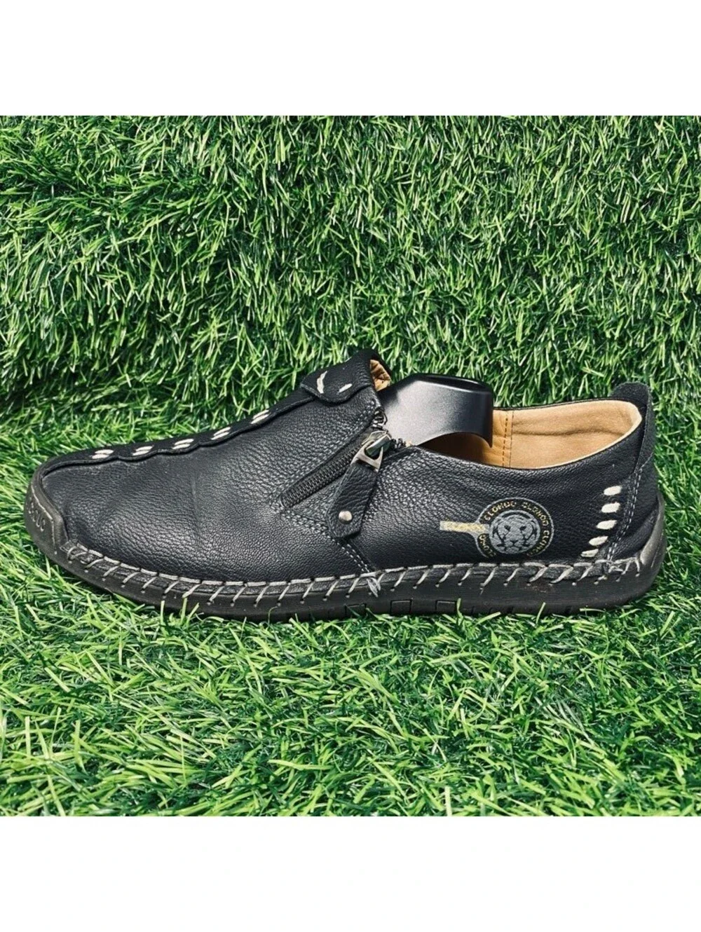 CLOHOO Black Leather Slip-On Casual Shoes Men's 12 Side Zipper 2228